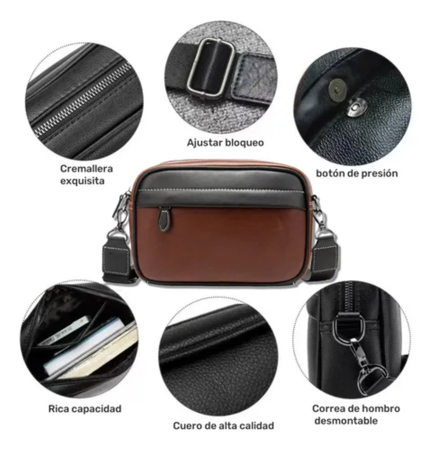 Bandoleras Tactica Bolsa De Piel Hombre Crossbody Y Cartera Marron con Negro image number null