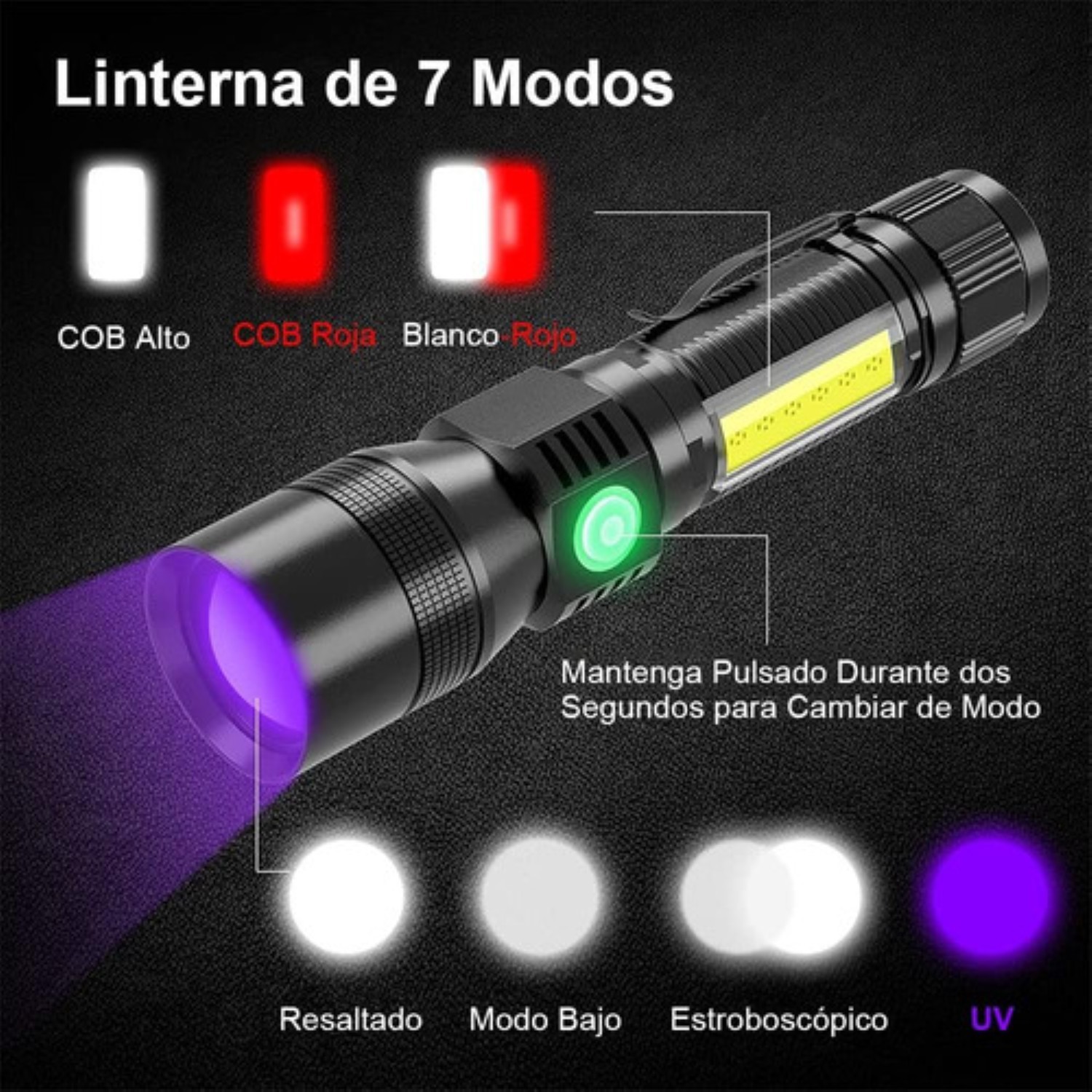 Linterna T&aacute;ctica Uv Recargable 1800lm 7 Modos De Iluminaci&oacute;n Negro image number null