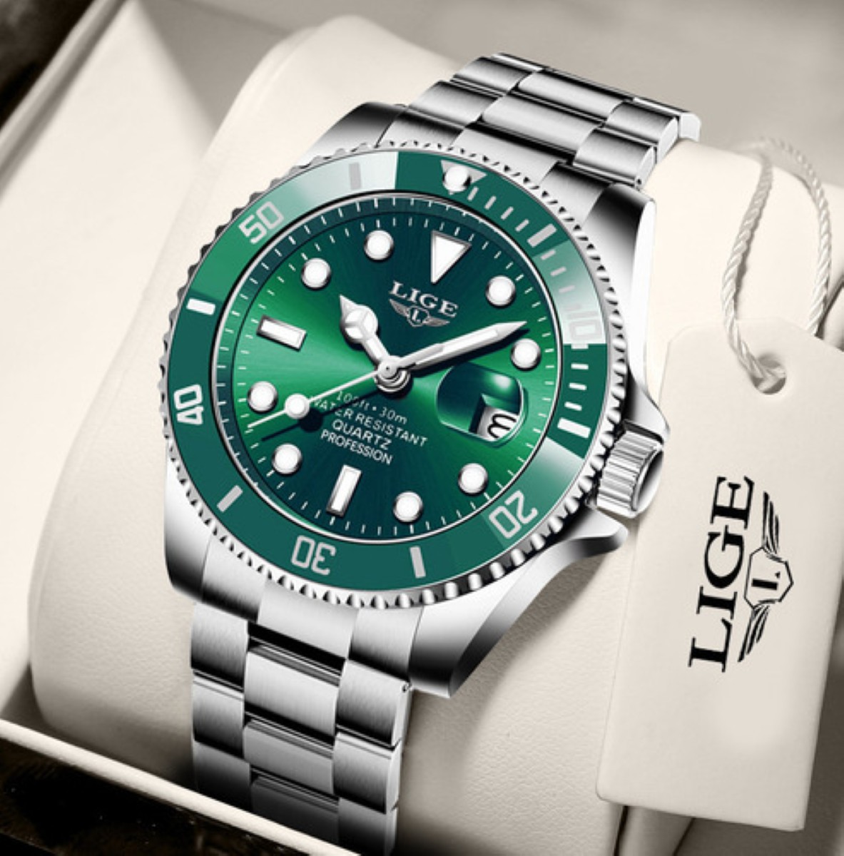 Reloj Impermeable Para Hombre Plata Verde image number null