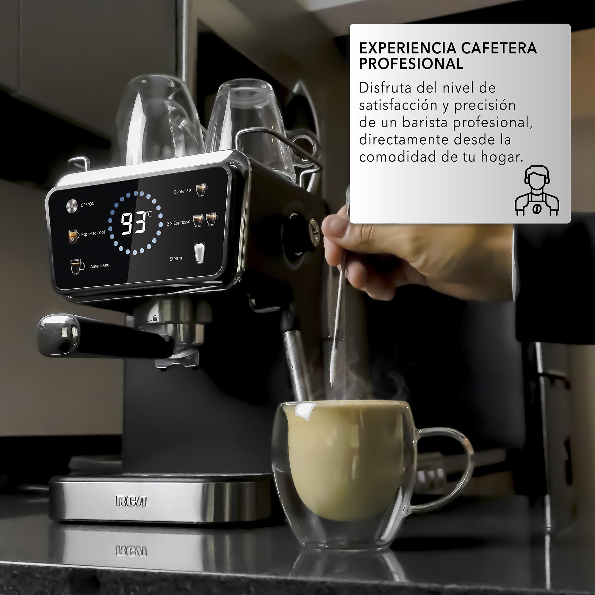 RCA Cafetera Profesional RC-CAF5, 2 en 1 para Caf&eacute; Molido y C&aacute;psulas, Espumador, Pantalla Inteligente, 1.5L. image number null