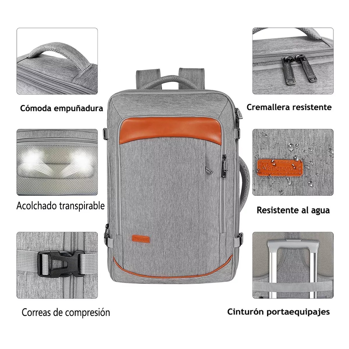Mochila De Viaje 50L con Tres Bolsos Gris y Naranja. image number null