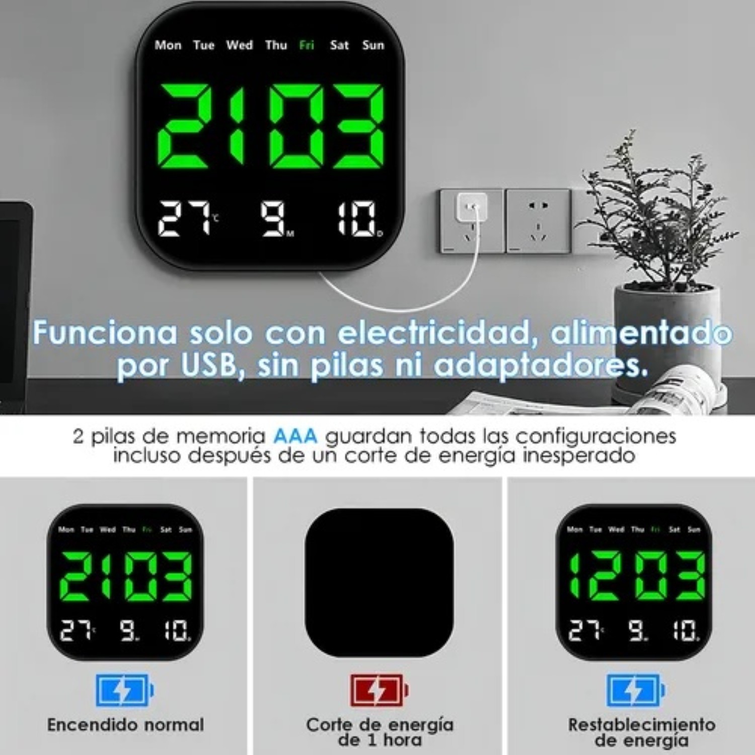 Reloj De Pared Digital Con Fecha Temperatura Semana Alarmas image number null