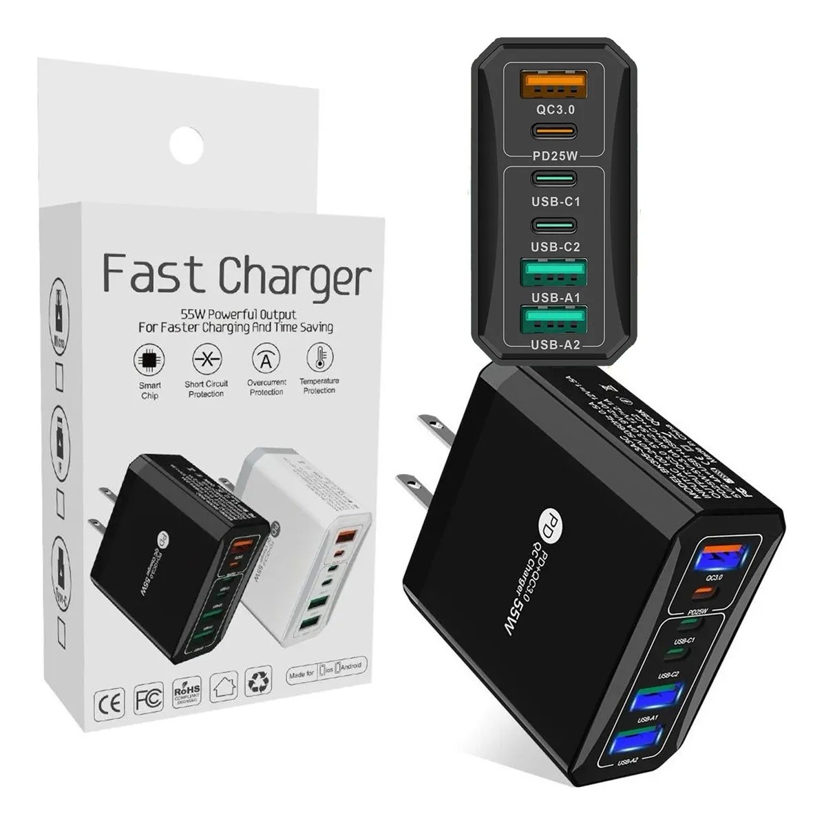 Cargador de Pared 55W con 6 Puertos Multipuerto USB-C y USB-A con Carga R&aacute;pida QC3.0 y Power Delivery image number null
