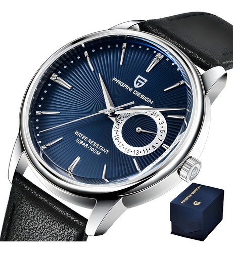 Reloj Pagani Design Reloj De Cuarzo De Cuero Para Hombre Correa Negro Bisel Plateado Fondo Azul image number null