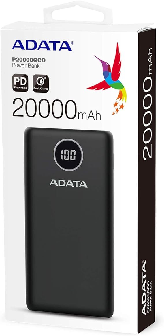 ADATA Powerbank Bater&iacute;a Port&aacute;til Recargable P20000QCD Power Bank de 20,000 mAh (74Wh), Color Negro (AP20000QCD-DGT-CBK), Tecnolog&iacute;as de Carga R&aacute;pida Qualcomm QC 3.0 USB PD 3.0. image number null