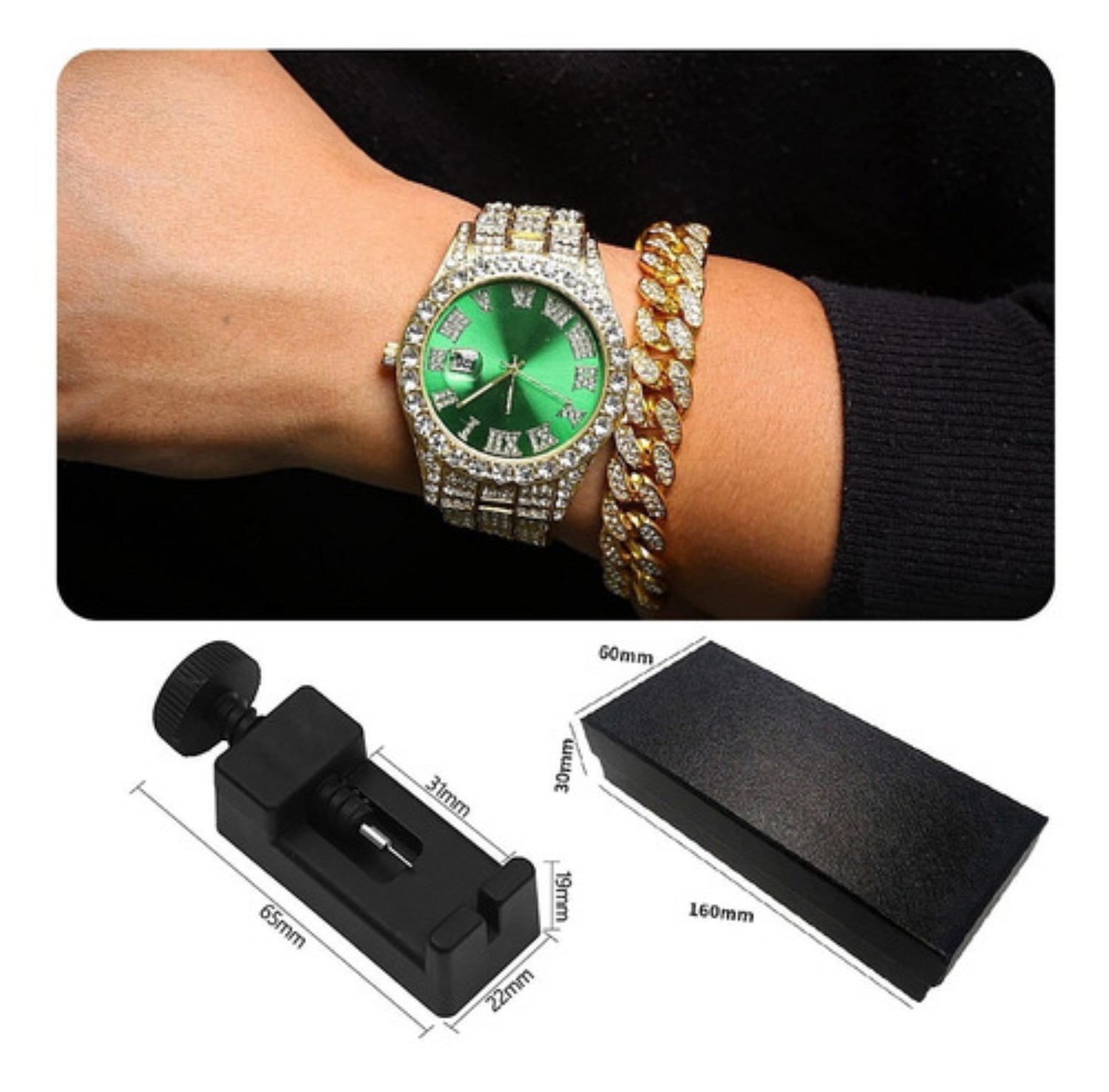 Reloj De Pulsera Unisex Con Diamantes Dorado Verde image number null