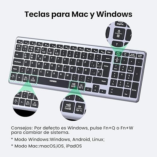 UGREEN Teclado Inal&aacute;mbrico Espa&ntilde;ol, Teclado Recargable Bluetooth & 2.4G Delgado y Compacto, Multidispositivo Bluetooth Keyboard con Cable USB-C, Compatible con macOS, iOS, Windows, Linux, Android. image number null