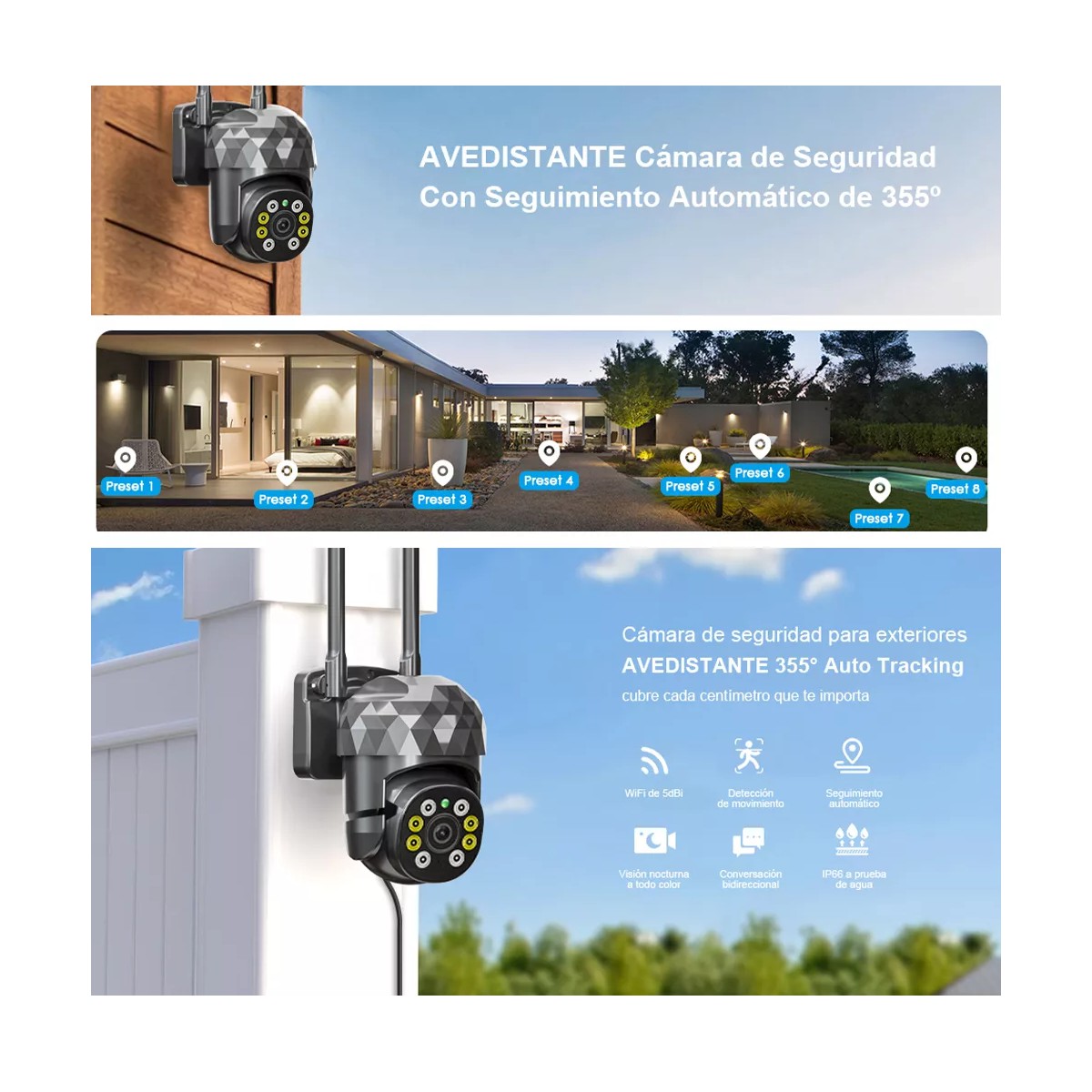 C&aacute;mara de seguridad WiFi inal&aacute;mbrica con resoluci&oacute;n de 2MP visi&oacute;n nocturna incluida . image number null