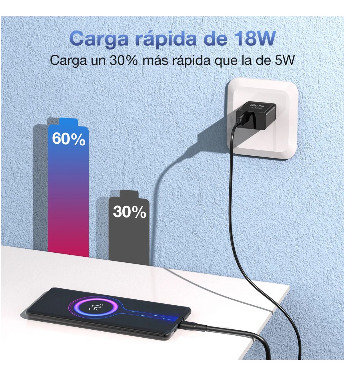 Cargador Tipo C Carga R&aacute;pida Belug 3A 18W Turbo Negro image number null