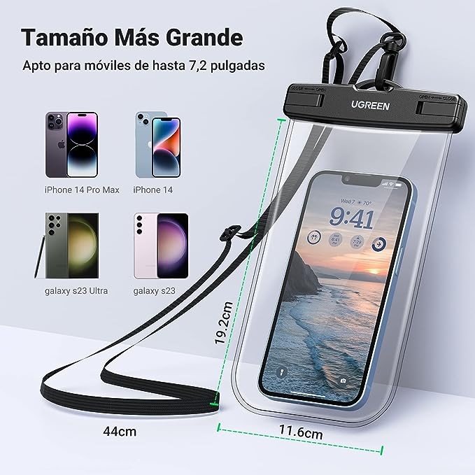 UGREEN Funda Impermeable para Celular, Bolsa para Celular contra Agua, Funda Celular Waterproof para iPhone 14 13 12 11 Pro MAX, Galaxy S23 S22 Ultra, Xiaomi Redmi Note de hasta 7.2 Pulgadas, 2 Pack. image number null