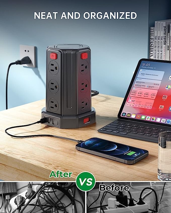 A SMALLRT Regleta De Alimentaci&oacute;n contra Sobretensiones 9.8Ft / 3M 4 Puertos USB Regleta De 12 Salidas con Toma De Cable Largo USB Torre Protectora contra Sobretensiones. image number null