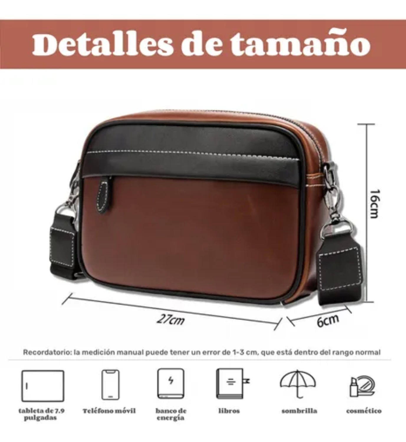 Bandoleras Tactica Bolsa De Piel Hombre Crossbody Y Cartera Marron con Negro image number null