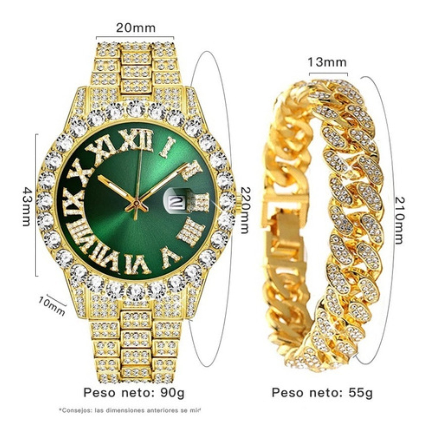 Reloj De Pulsera Unisex Con Diamantes Dorado Verde image number null