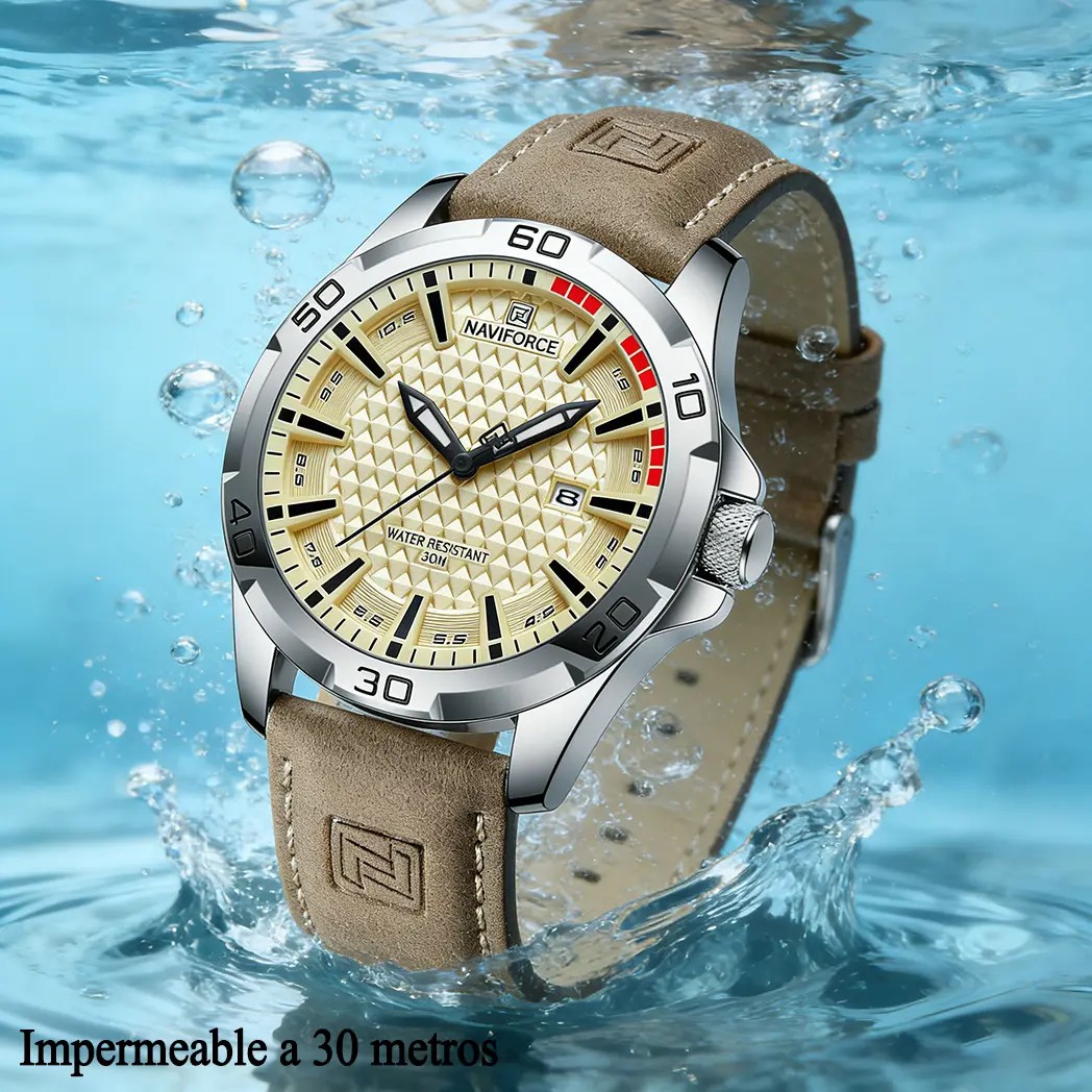 Naviforce NF8023 Reloj Casual Impermeable Correa De Cuero Hombre, Correa Caqu&iacute; Bisel Platado Fondo Amarillo image number null