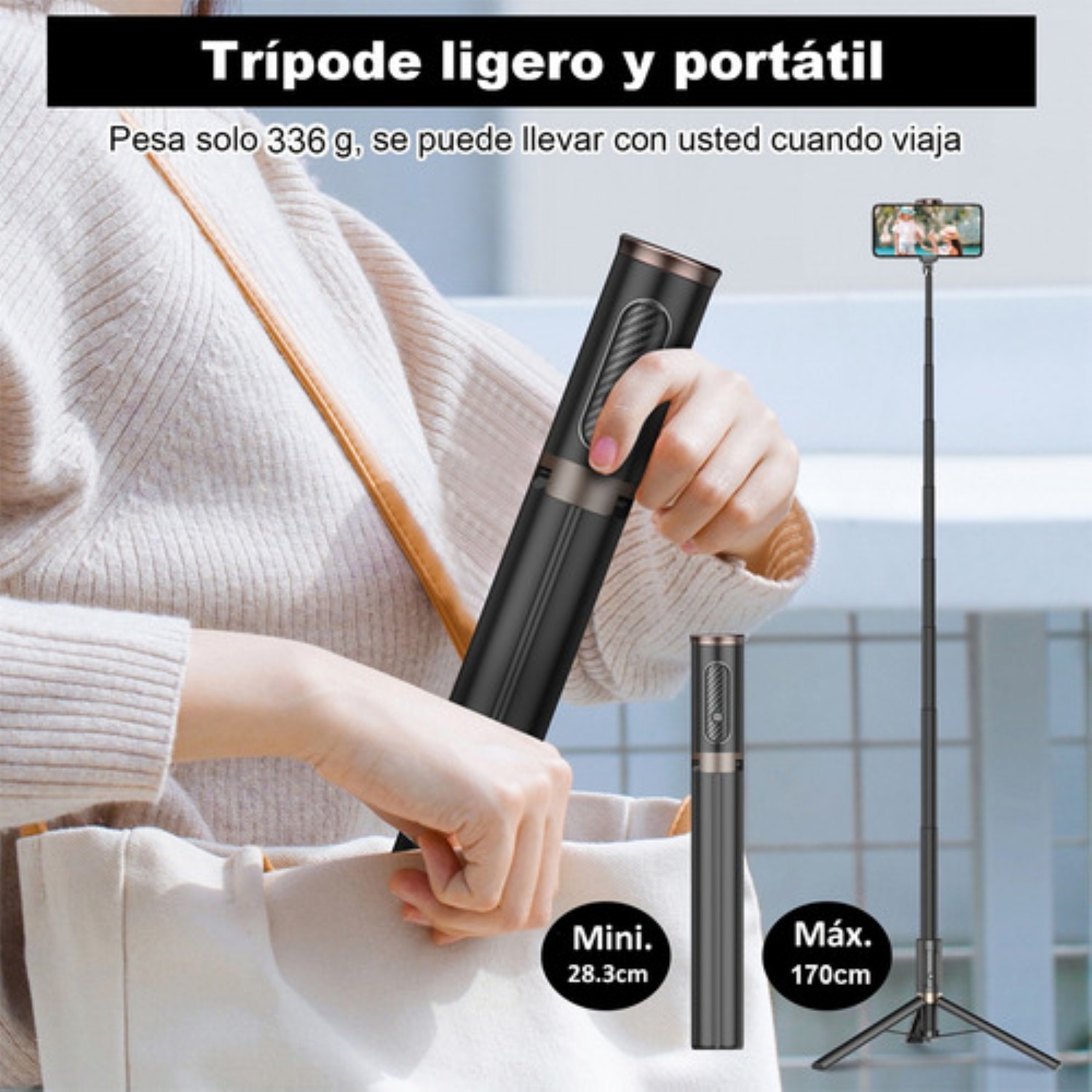 60in Tripode Para Selfie Stick Port&aacute;til Para Telefono Negro image number null