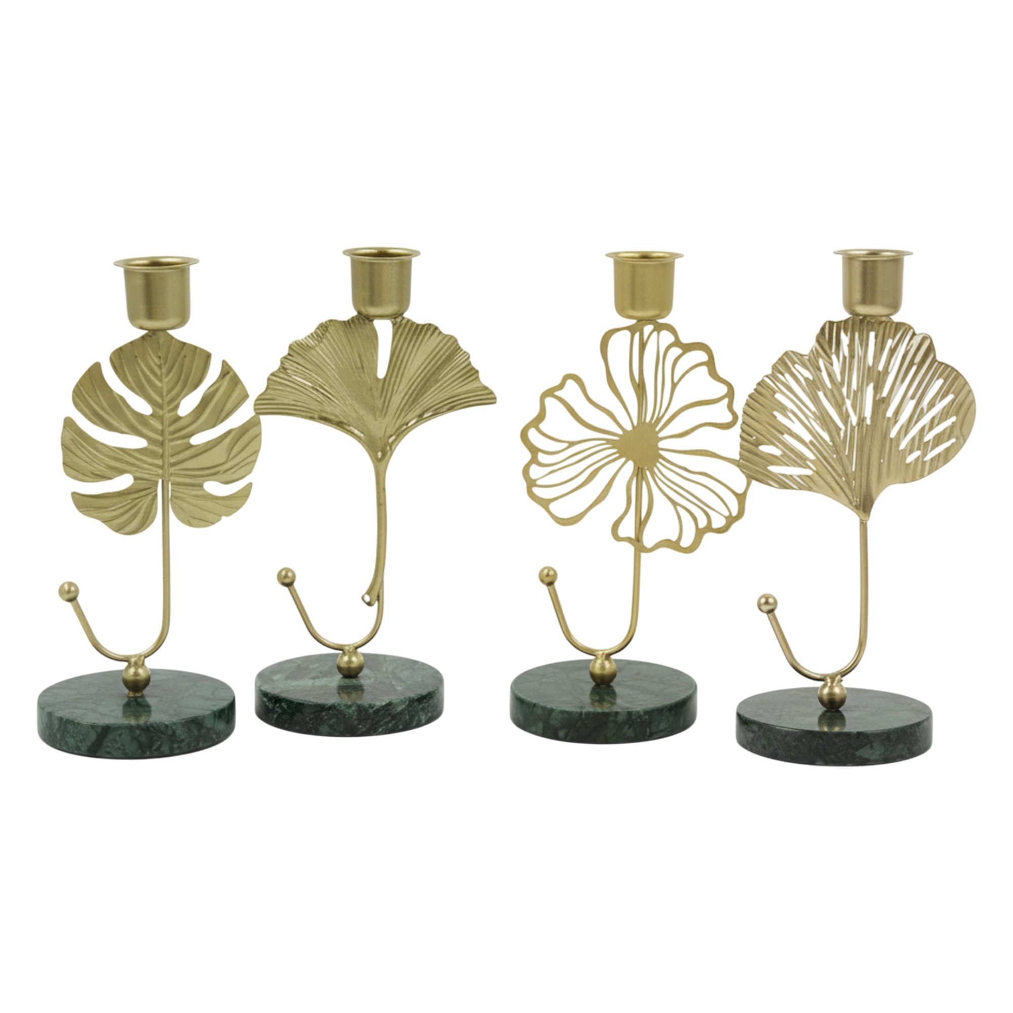 Ilios Innova | Set 4 Portavelas Decorativos, Dise&ntilde;o de Hojas Met&aacute;licas Doradas con Base de M&aacute;rmol Verde, Estilo Elegante image number null