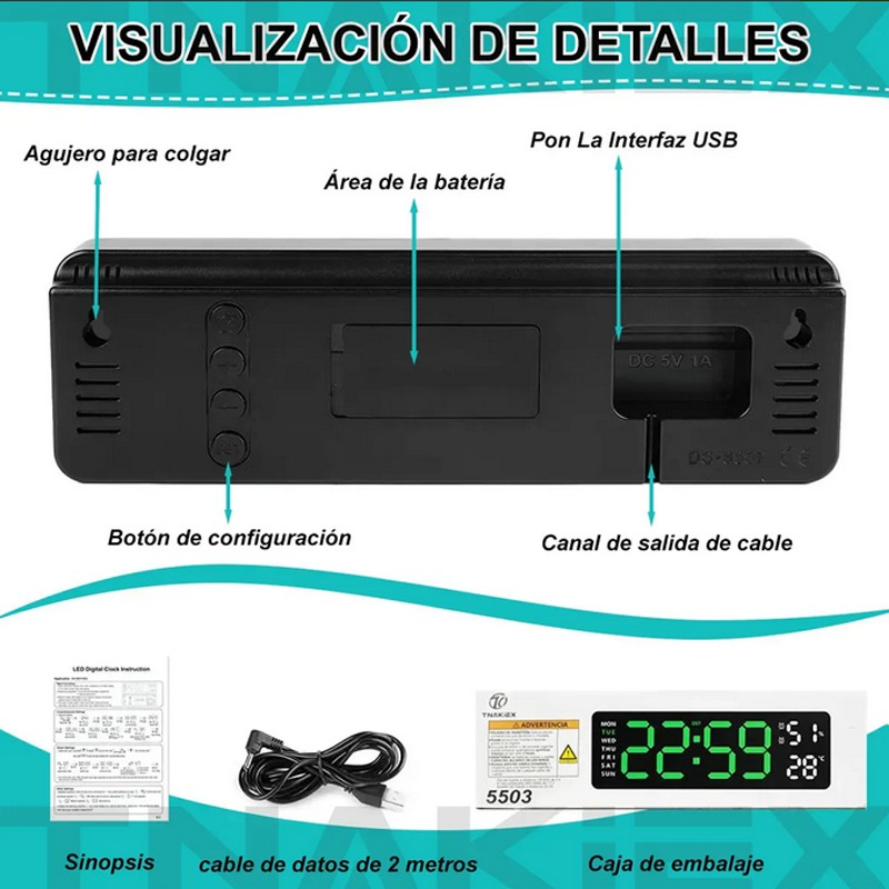 Reloj De Pared Digital Con Term&oacute;metro Alarmas Y Calendario image number null