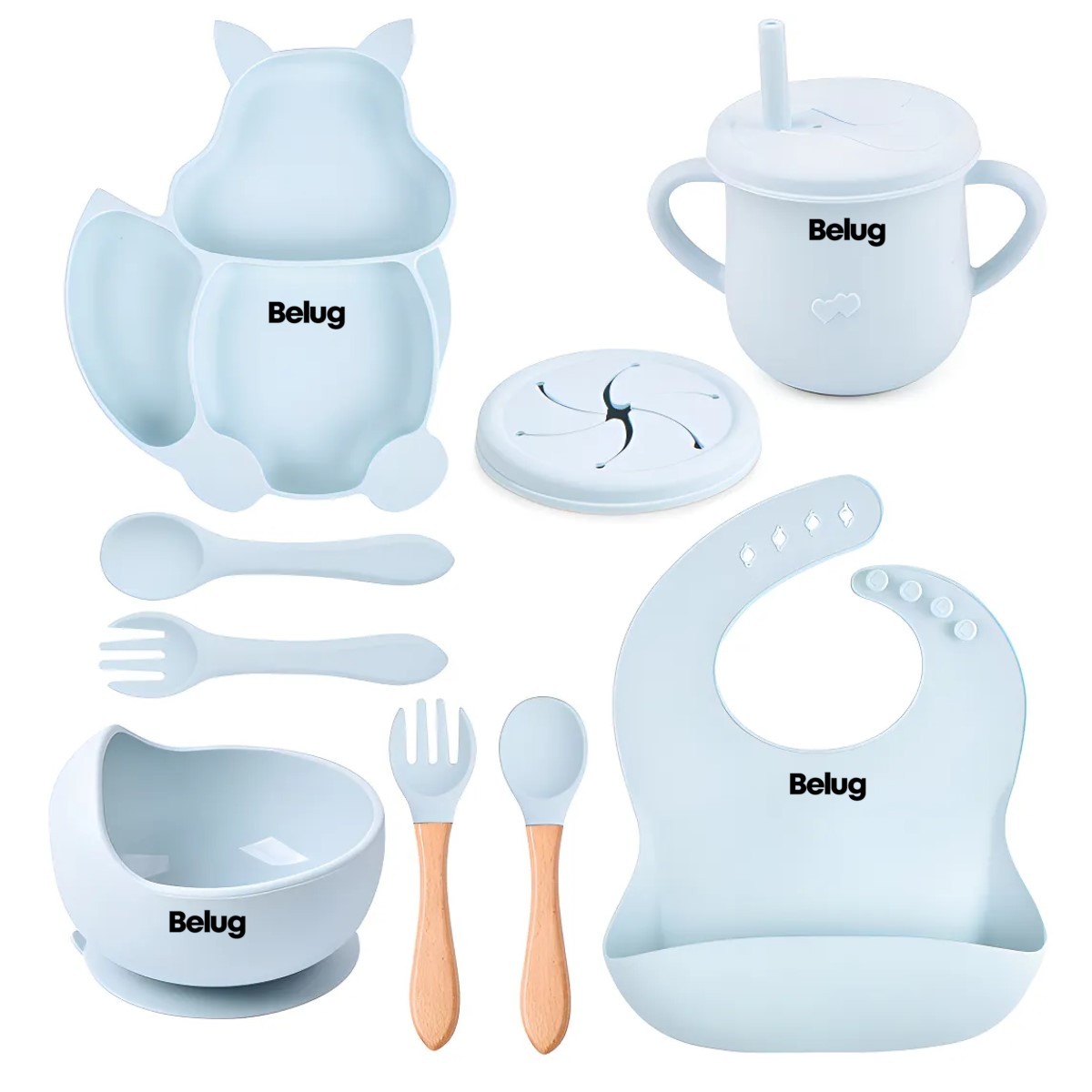Set Plato Vaso Bowl Babero Para Comida Beb&eacute; De Silicona 8pc Color Azul Claro image number null