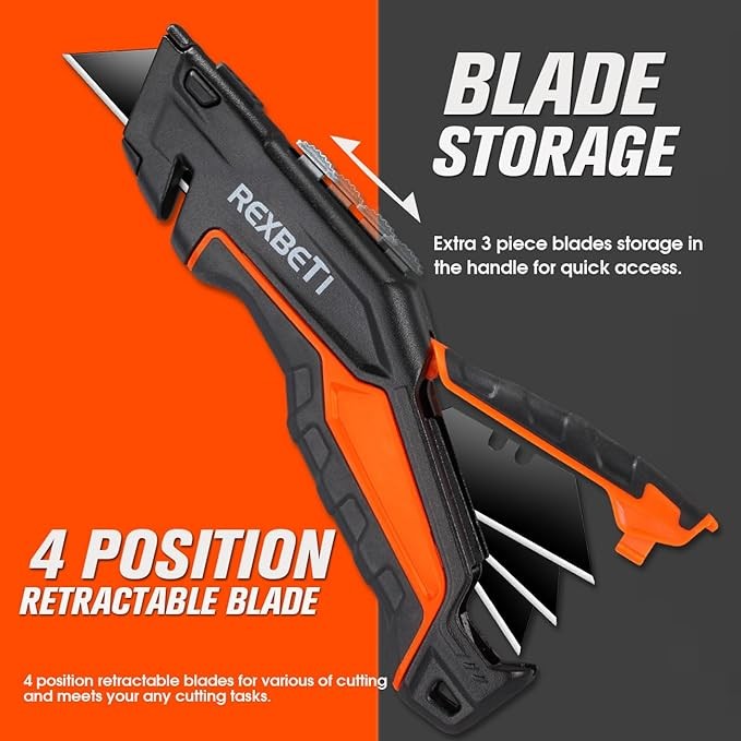 REXBETI 2-Pack Utility Knife, Heavy Duty Retractable Box Cutter for Cartons, Cardboard and Boxes, Blade Storage Design, Extra 10 Blades Included. image number null