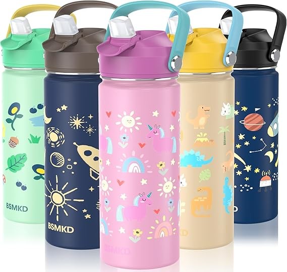 A BSMKD Botella de Agua para Ni&ntilde;os, Botella de Acero Inoxidable para Ni&ntilde;os y Ni&ntilde;as, 18oz Termo de Agua Aislada Reutilizable con 2 Pajitas, 100% A Prueba de Fugas, para Escuela (Rosa). image number null