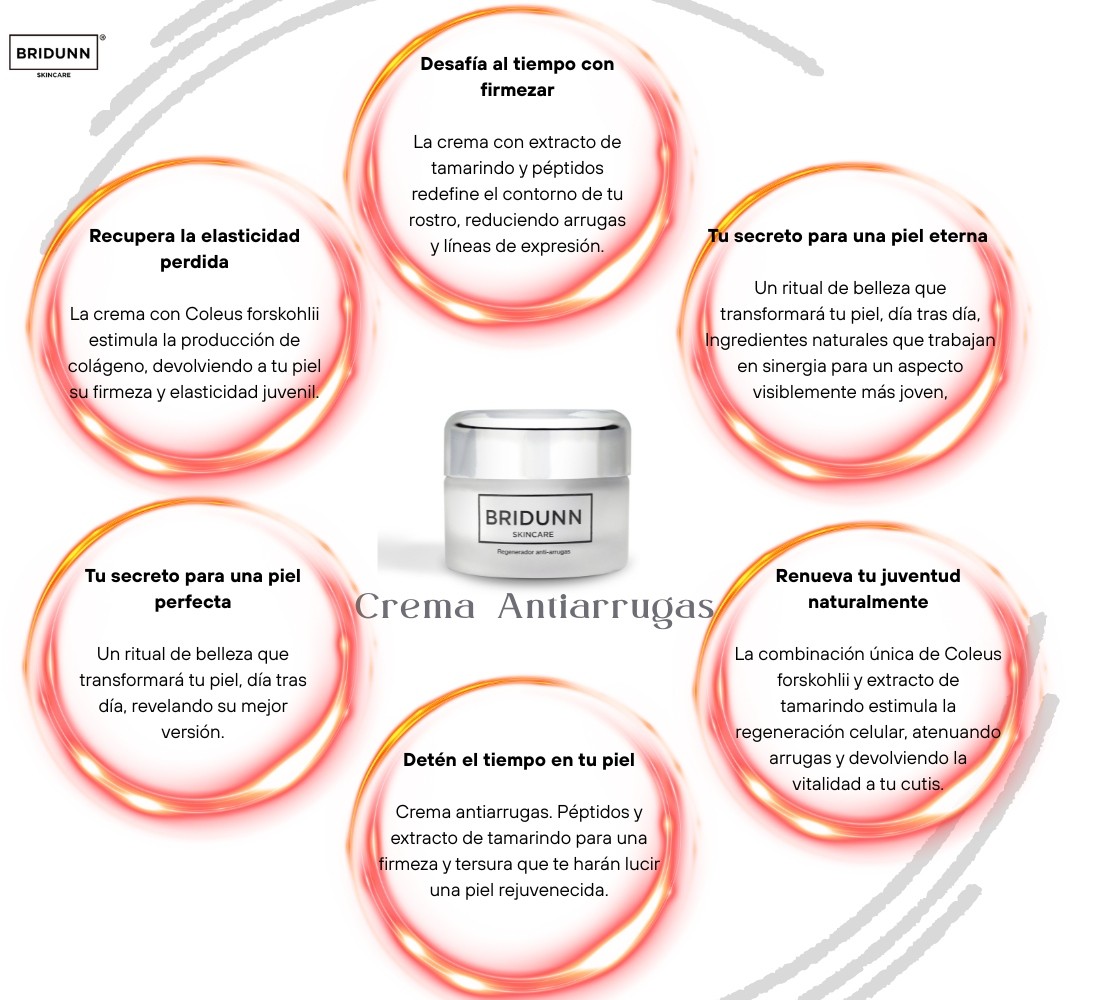 Crema Facial Antiarrugas Regeneradora BRIDUNN. P&eacute;ptidos, Tamarindo y Coleus Forskohlii. Firmeza, Elasticidad y Reducci&oacute;n image number null