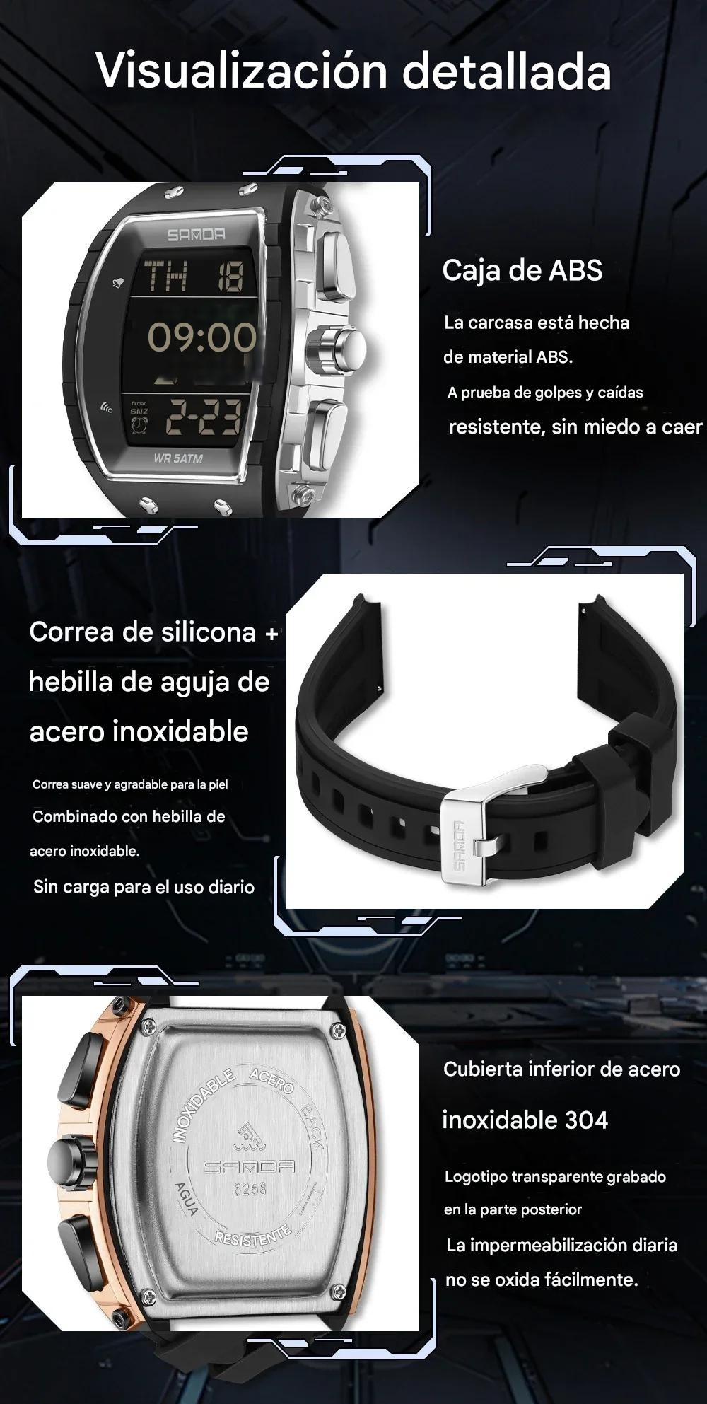 Reloj moda esfera plateado grande correa TPU cron&oacute;grafo deportivo calendario luminoso contra agua image number null