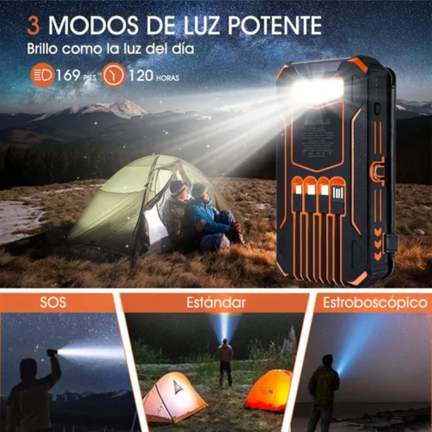Power Bank Solar Port&aacute;til 36800mah Bater&iacute;a Con Luz 4 Cables image number null