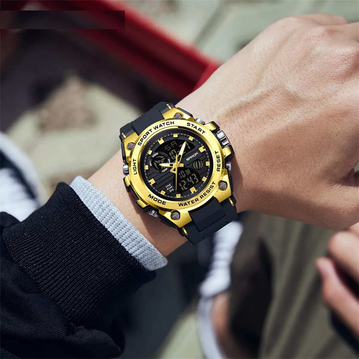 Reloj Pulsera Sanda 739 Unisex Sport Correa Negro Bisel Negro Fondo Dorado. image number null
