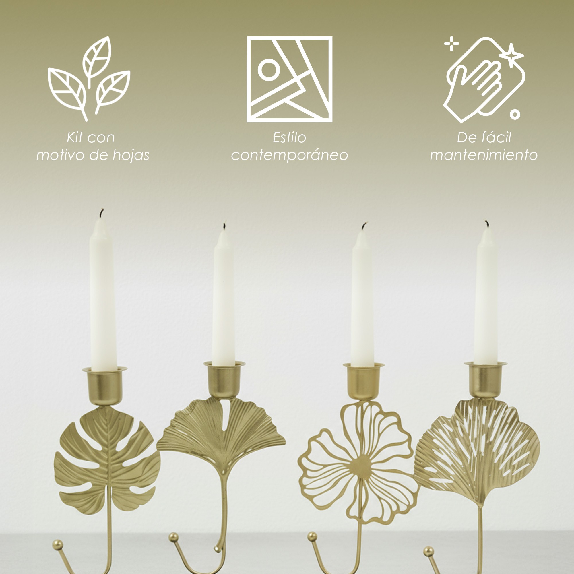 Ilios Innova | Set 4 Portavelas Decorativos, Dise&ntilde;o de Hojas Met&aacute;licas Doradas con Base de M&aacute;rmol Verde, Estilo Elegante image number null
