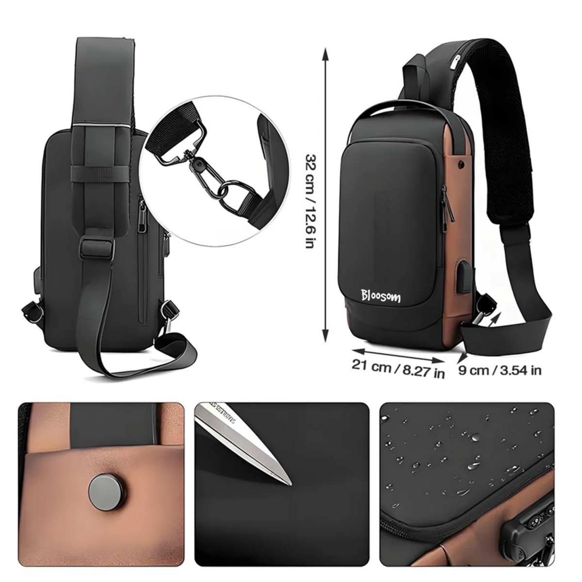 Mochila Cruzada Antirrobo Pechera Mariconera Calidad Con Usb Negro Caf&eacute; image number null