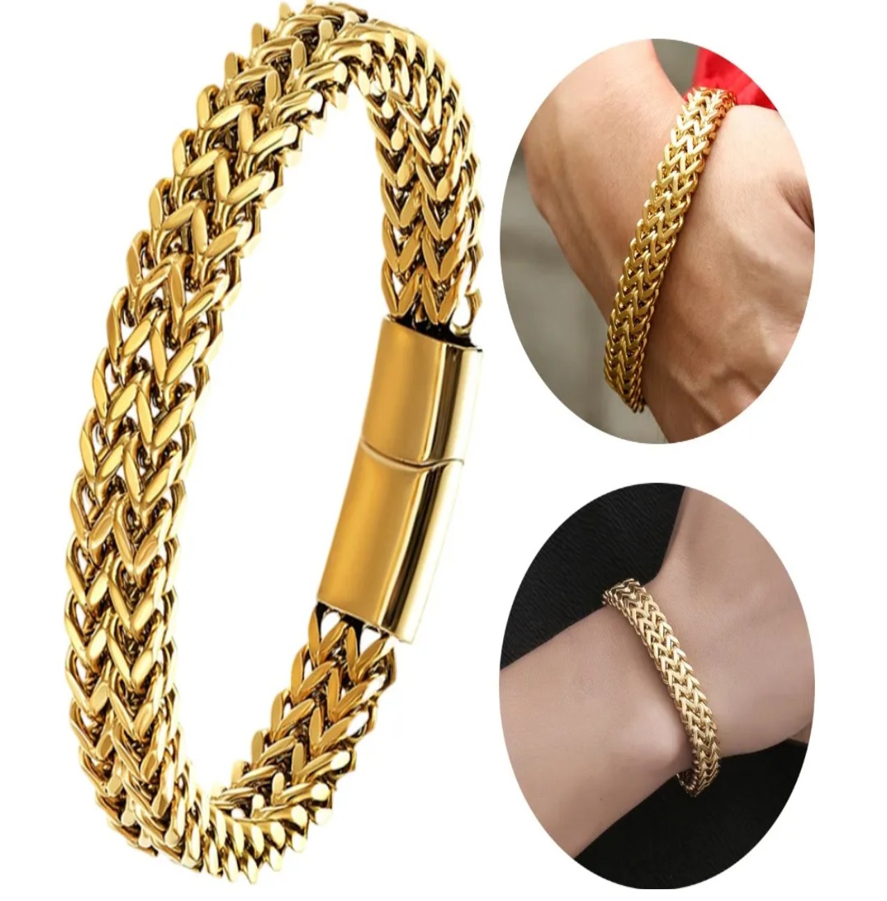 Esclava Oro Dos 23 cm Filas De Acero Magn&eacute;tica Hebilla Para Hombre image number null