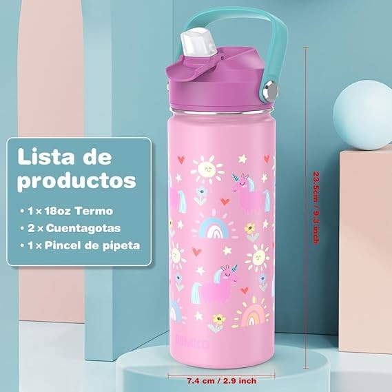 A BSMKD Botella de Agua para Ni&ntilde;os, Botella de Acero Inoxidable para Ni&ntilde;os y Ni&ntilde;as, 18oz Termo de Agua Aislada Reutilizable con 2 Pajitas, 100% A Prueba de Fugas, para Escuela (Rosa). image number null