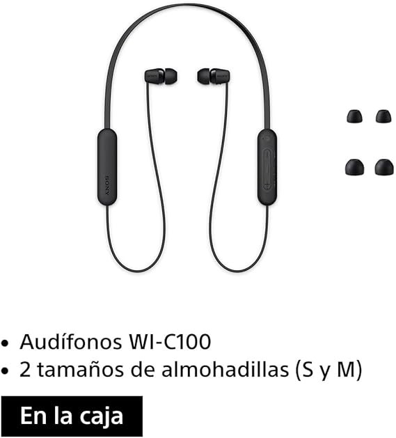 Sony WI-C100 - Aud&iacute;fonos inal&aacute;mbricos intraauriculares con Banda para el Cuello y micr&oacute;fono para Llamadas con Manos Libres, Negro, WIC100/B (Versi&oacute;n Nacional). image number null