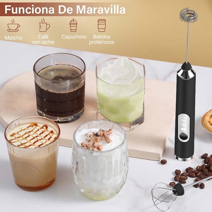 A Espumador de leche, Batidor de mano 3 en 1, Batidor el&eacute;ctrico de mano con 3 velocidades ajustables y 3 batidores de acero inoxidable para caf&eacute;s con leche, capuchinos, huevos, chocolate caliente,matcha. image number null
