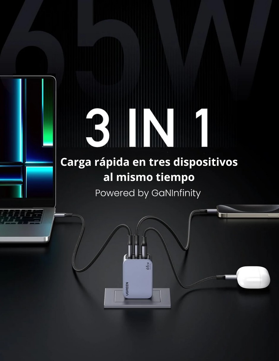 Cargador Ugreen Nexode Pro 2 Usb-C, 1 Usb-A 65W de Carga R&aacute;pida image number null