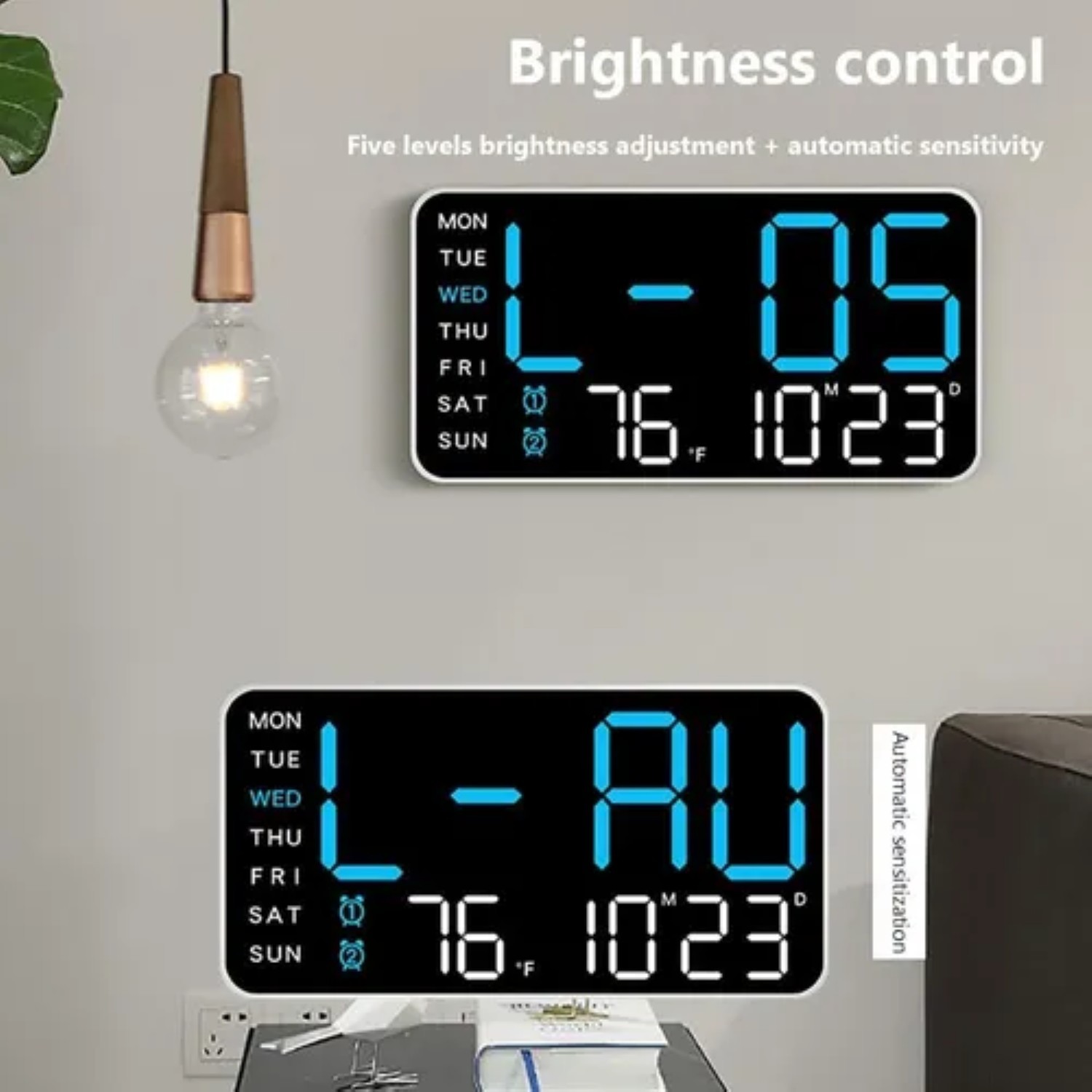 Reloj De Pared Digital Con Alarmas Y Calendario,term&oacute;metro negro azul image number null