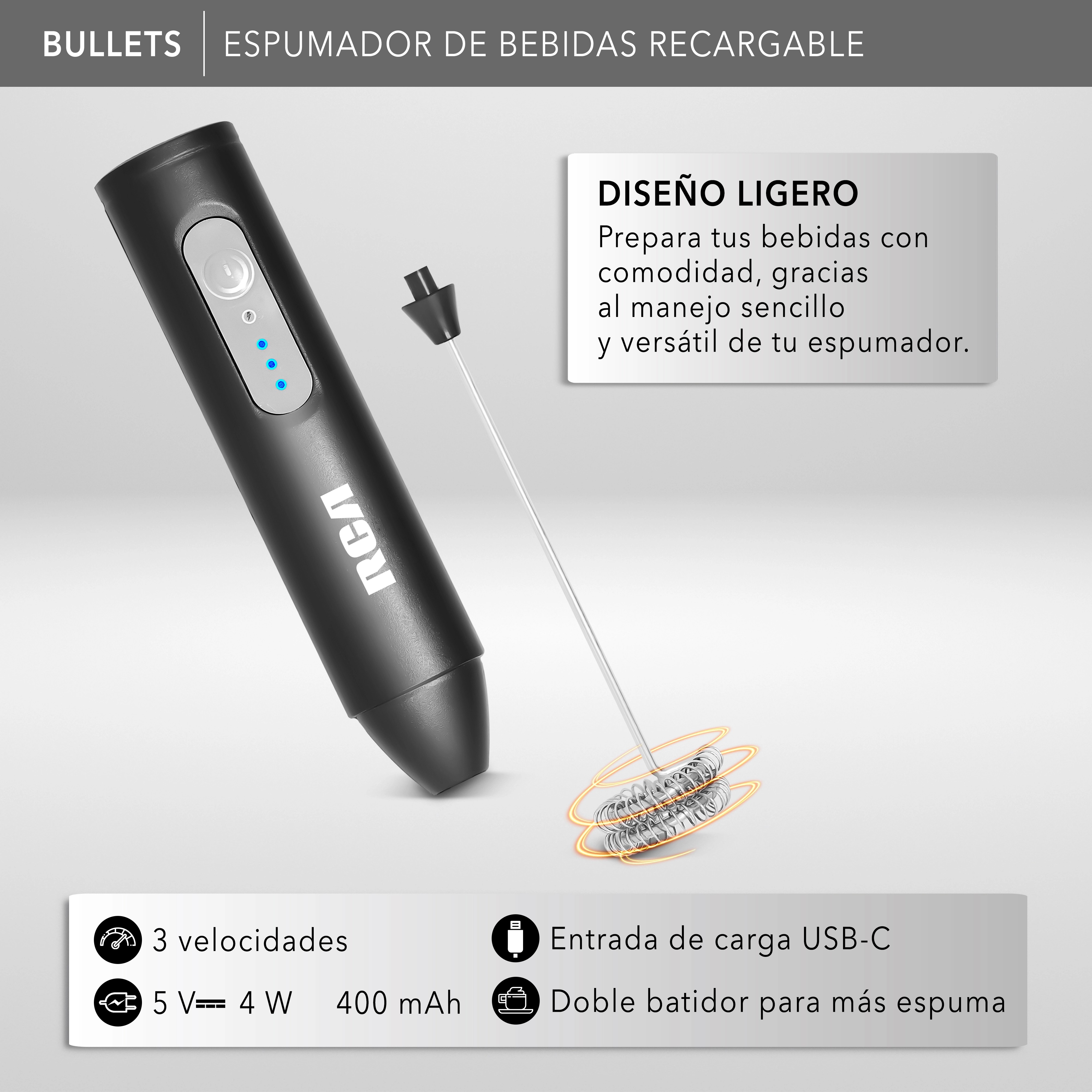 RCA Espumador de Leche El&eacute;ctrico Recargable RC-60 Port&aacute;til de Acero Inoxidable. image number null