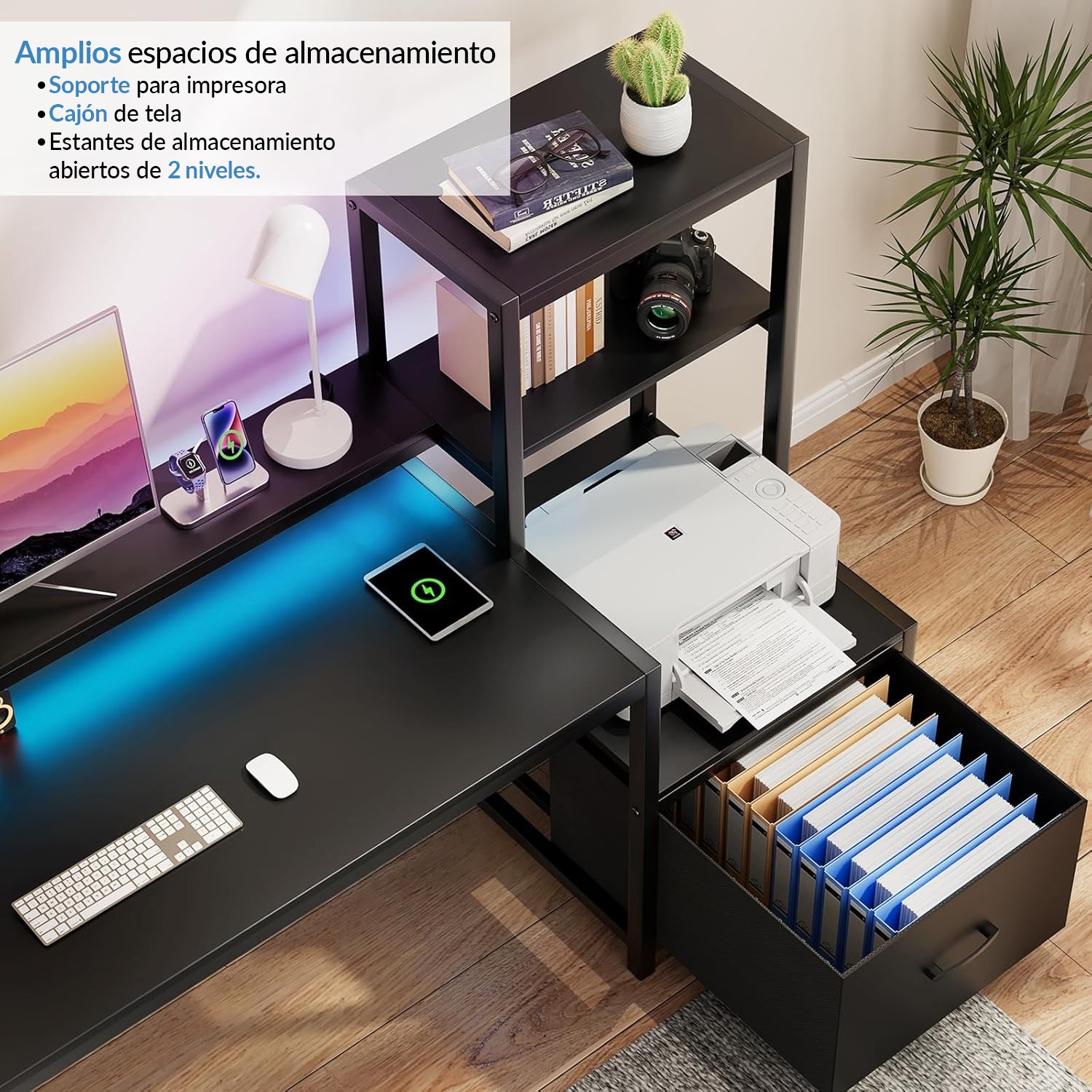 Escritorio Organizador con Estanter&iacute;a Lateral, Caj&oacute;n y Base Met&aacute;lica Negra &ndash; Bossa Zeni image number null