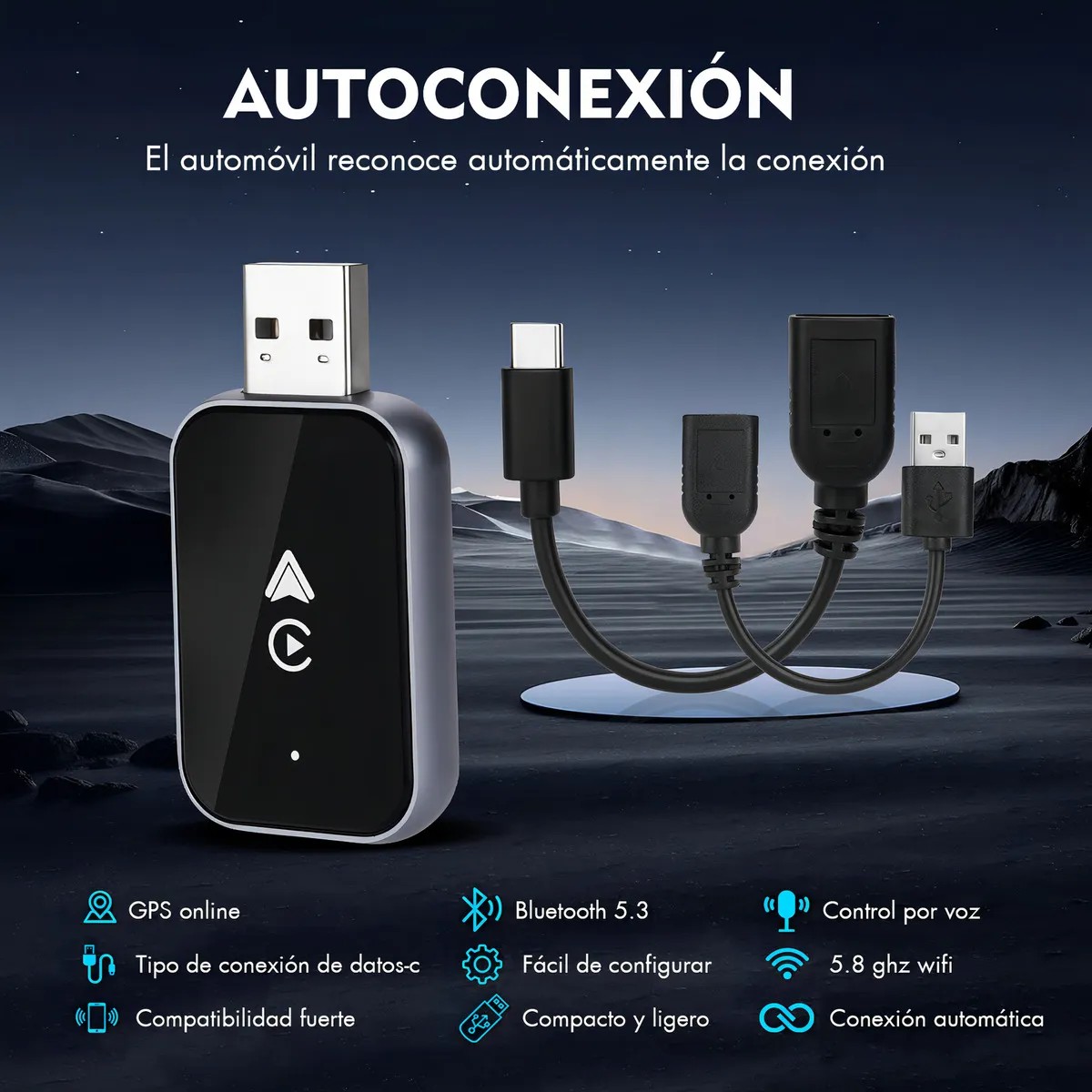 Adaptador Inalambrico CarPlay Universal para Auto Compatible con IPhone y Android Control Estable Plug and Play image number null