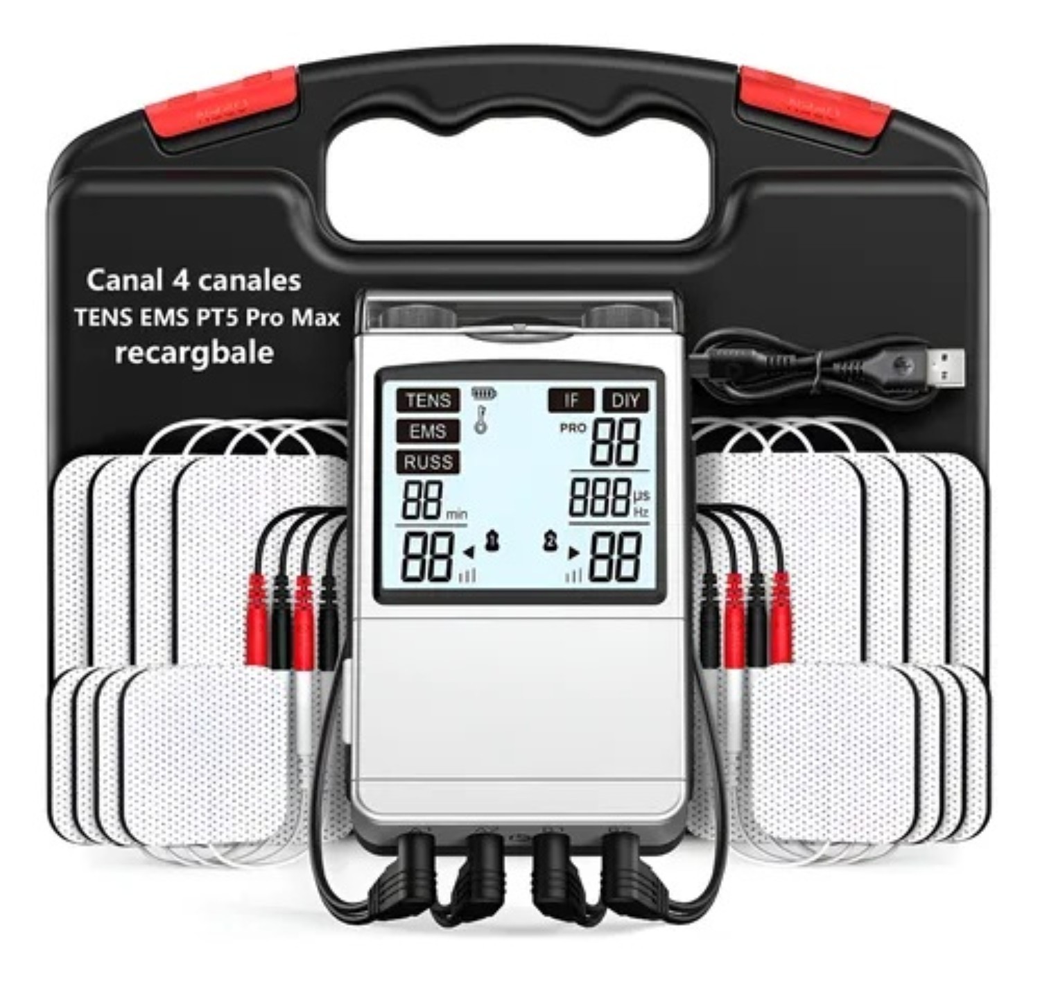 Electroestimulador Muscular 4 Canales 48 Modos 8pad Plata Negro image number null