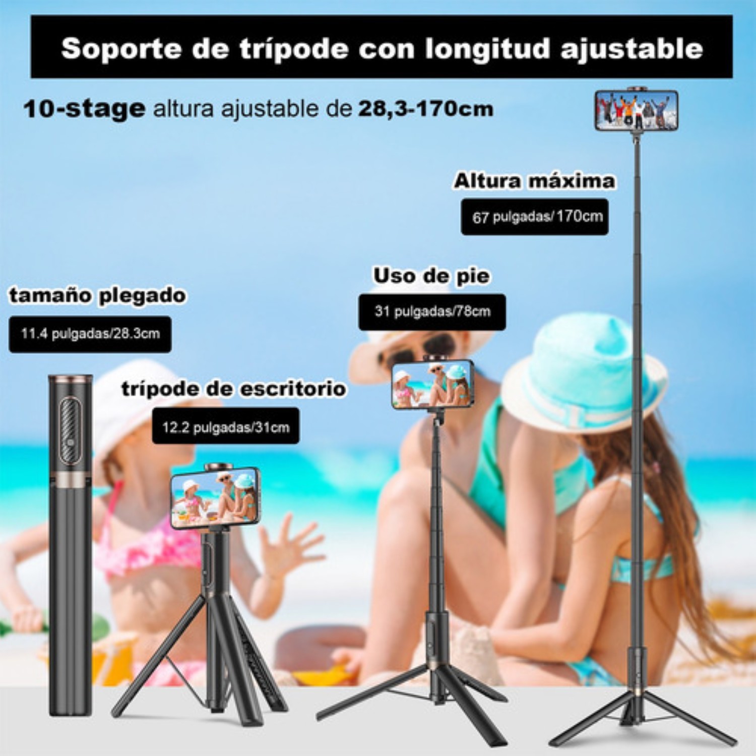 60in Tripode Para Selfie Stick Port&aacute;til Para Telefono Negro image number null