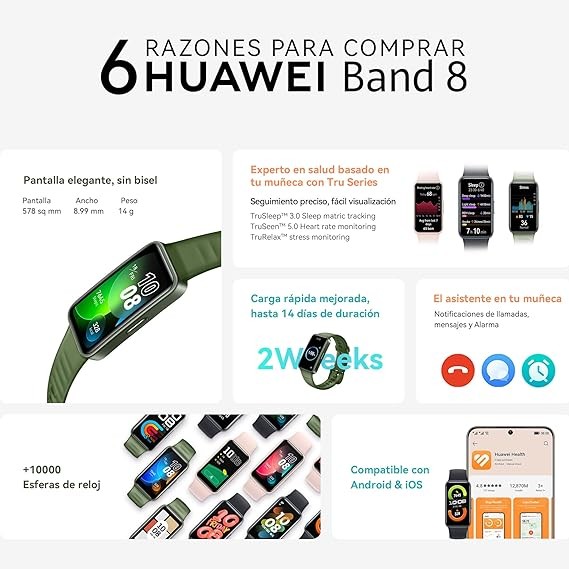 HUAWEI Band 8 (Garant&iacute;a en M&eacute;xico), Smartwatch Larga Duraci&oacute;n de 2 semanas, SMSWhatsapp de Respuesta r&aacute;pida, Banda Inteligente, Compatible con Android & iOS, Rosa. image number null