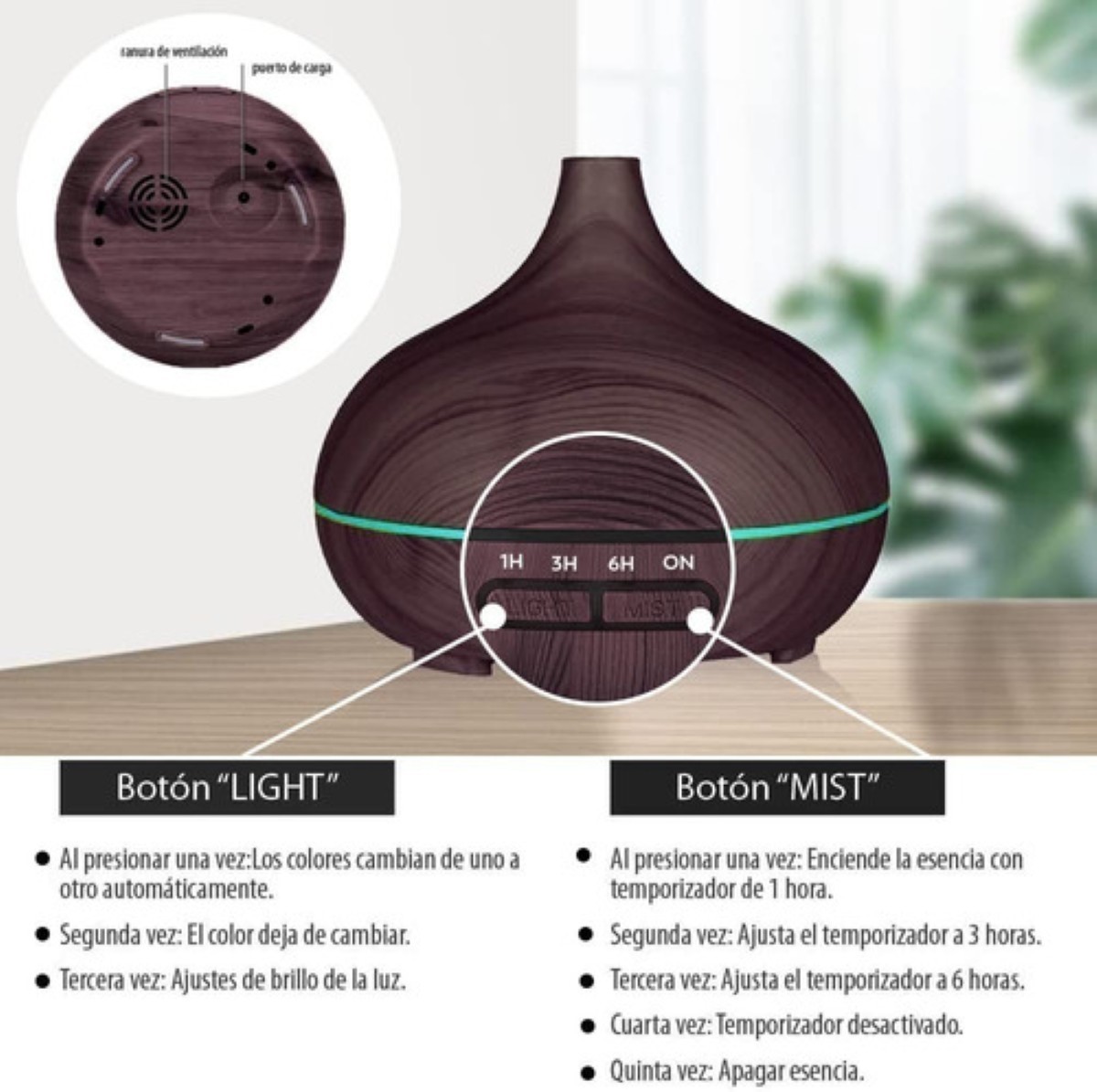Difusor De Aroma Ultrasonico 550ml Con 12 Aceite Esencia Dise&ntilde;o de madera Oscuro image number null