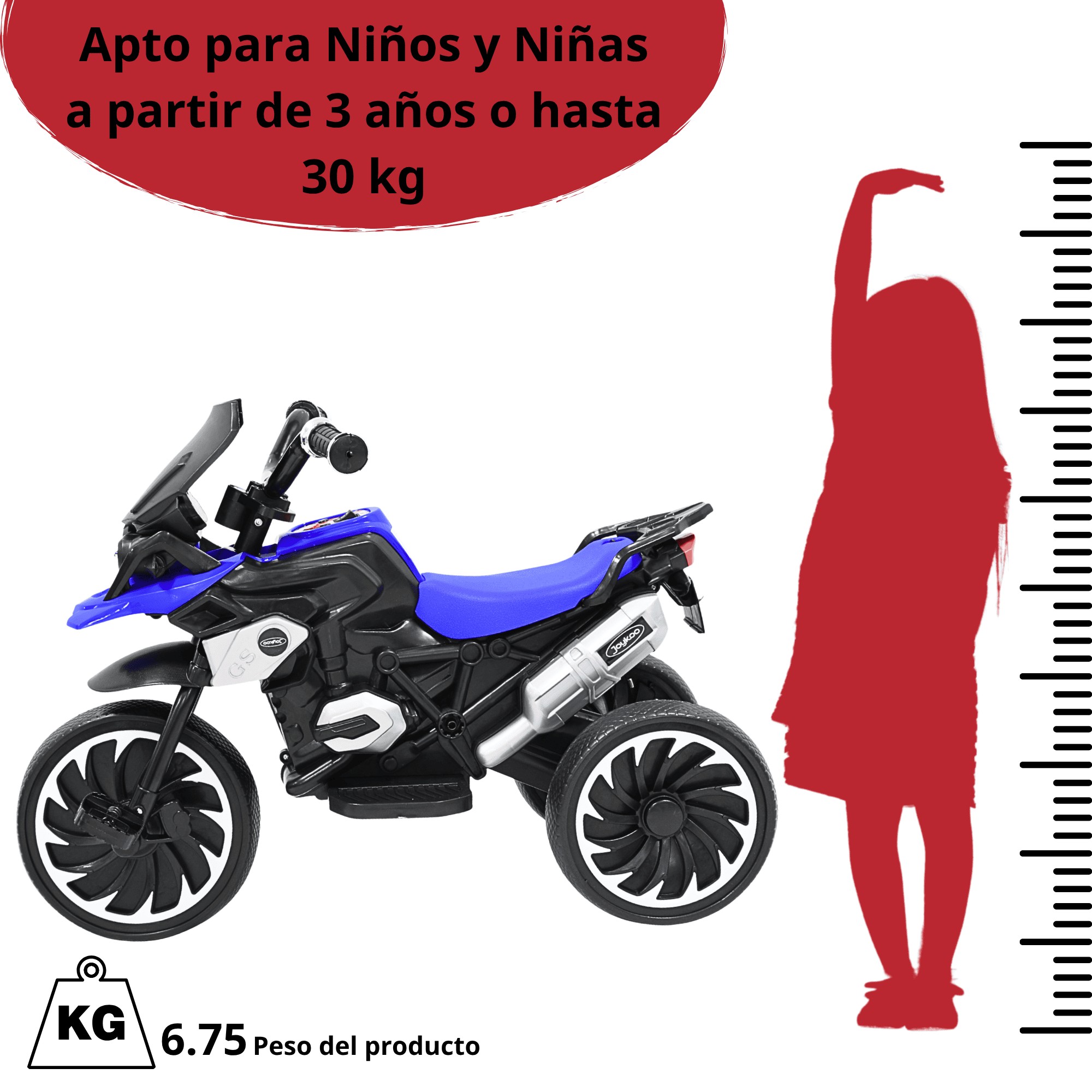 Moto Montable El&eacute;ctrica para Ni&ntilde;os Triciclo H&iacute;brido con Luces y Sonido Recargable 6v Soporta hasta 30 kg - Azul image number null