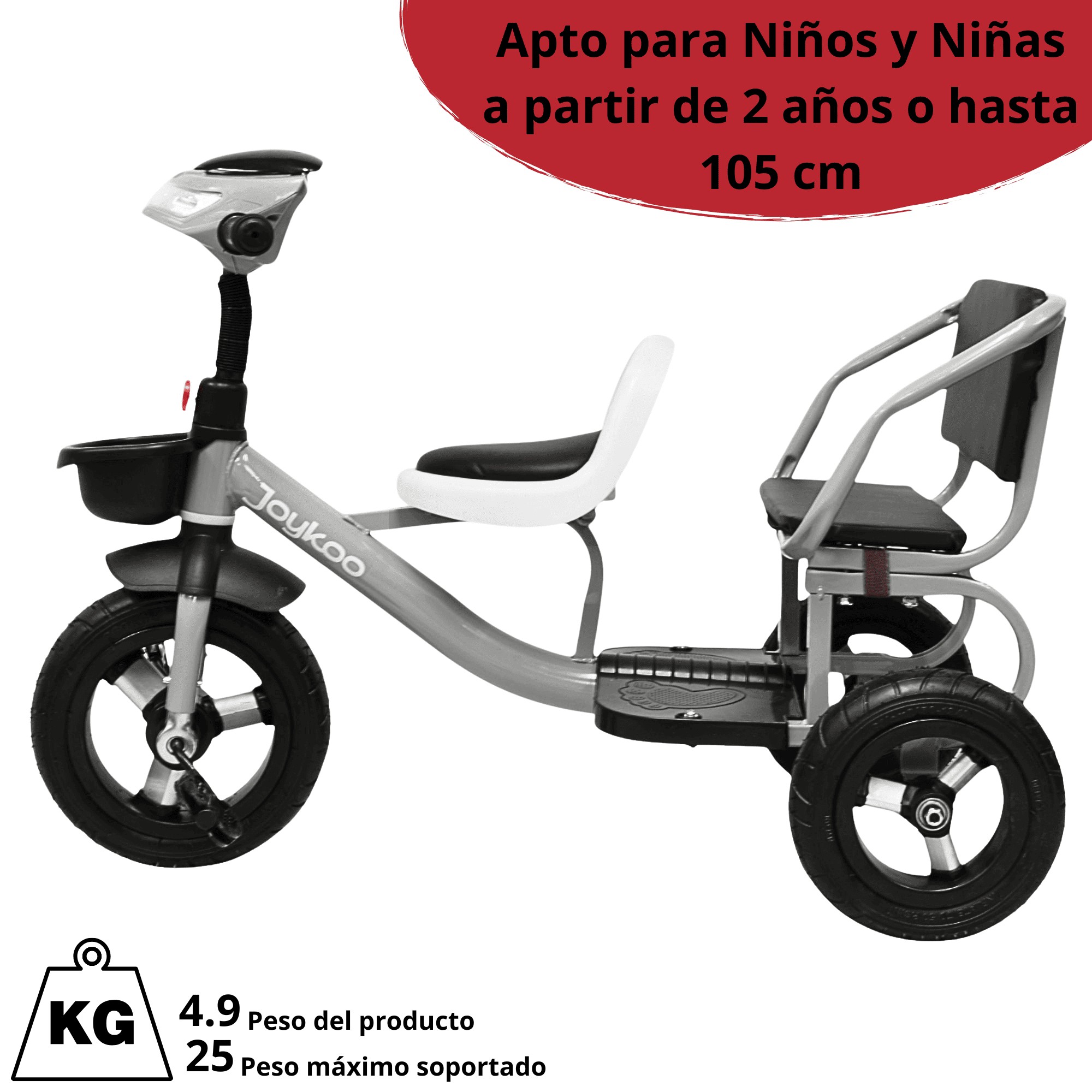 Triciclo para Ni&ntilde;os Dos Asientos Torreta con Luz y Sonido Ruedas de Goma Apto a partir de 2 A&ntilde;os - Gris image number null