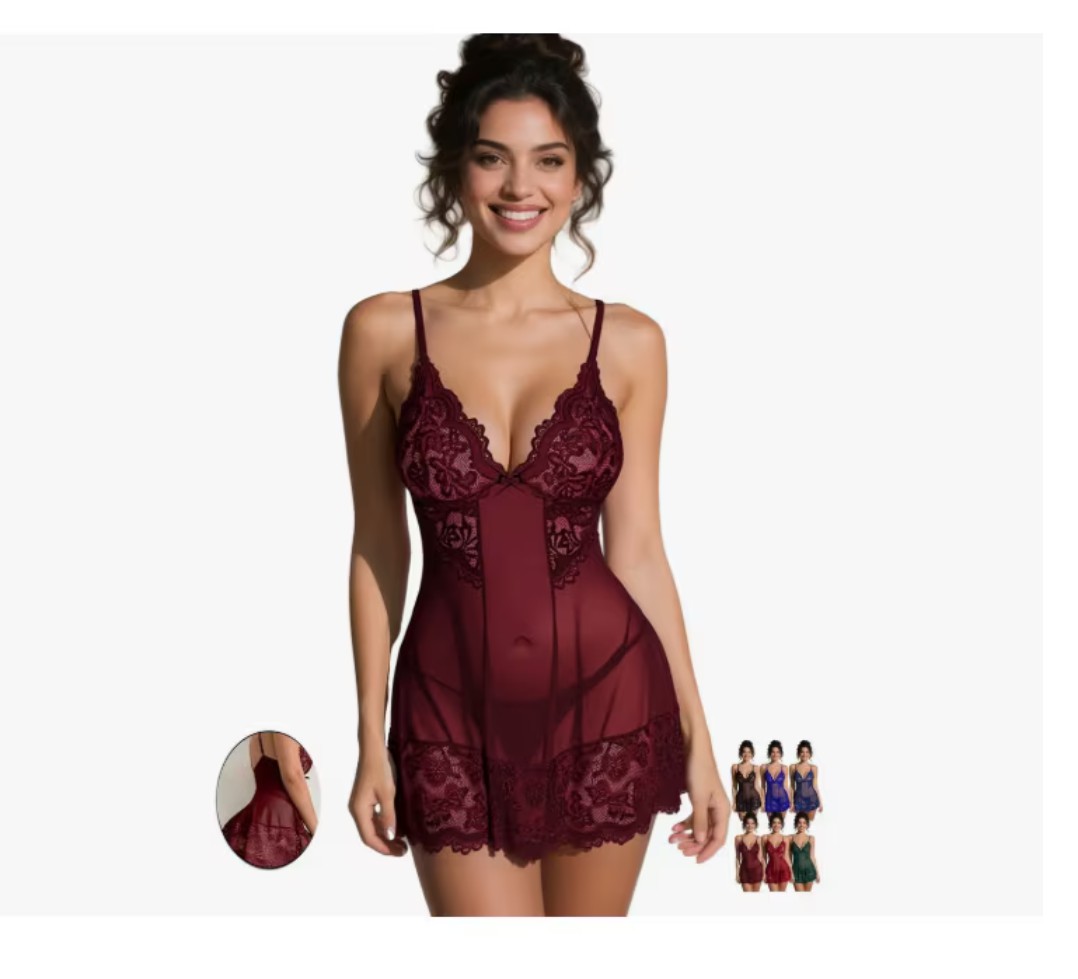 Lencer&iacute;a Para Mujer babydolls Vestido Camison Ropa Sexy En V color: BURDEOS L image number null