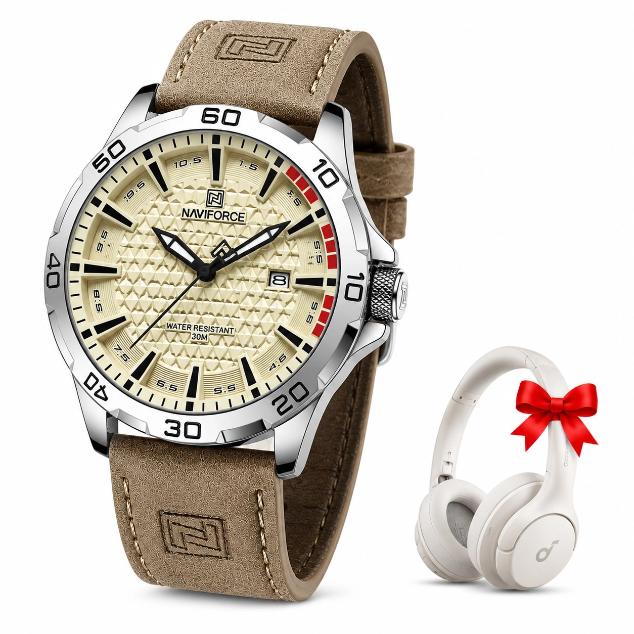 Naviforce NF8023 Reloj Casual Impermeable Correa De Cuero Hombre, Correa Caqu&iacute; Bisel Platado Fondo Amarillo image number null