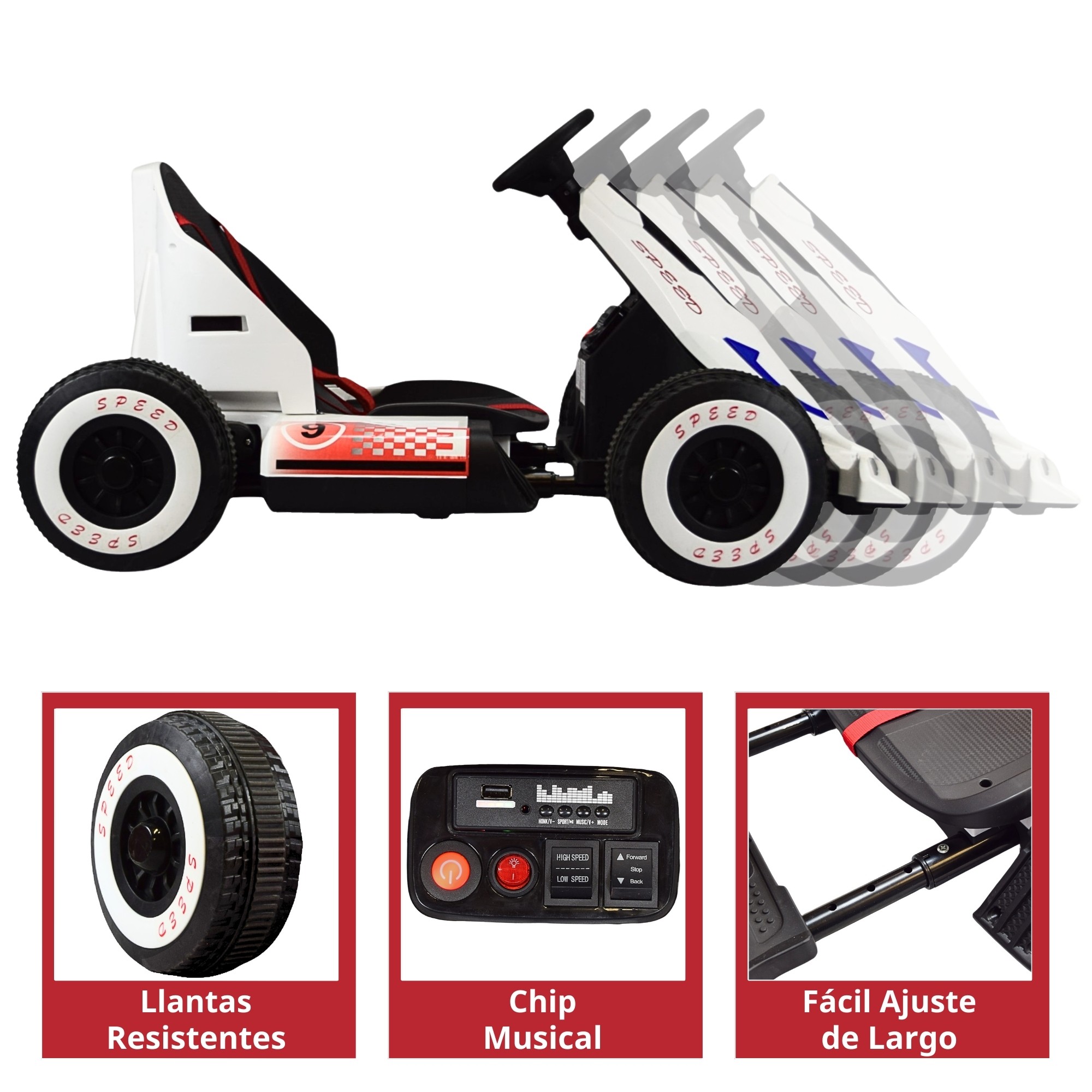 Montable Electrico Go Kart para Ni&ntilde;os Largo Ajustable Luz 12v - Blanco image number null