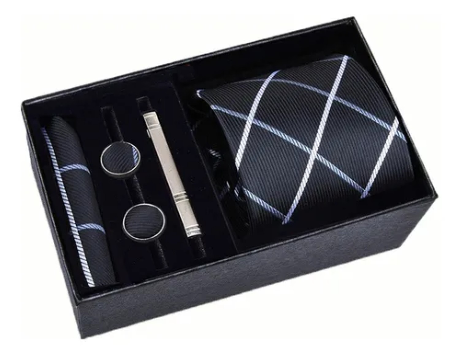 Classic Set Corbata Pa&ntilde;uelo Mancuernilla Hombre 5 Piezas negra rallada image number null