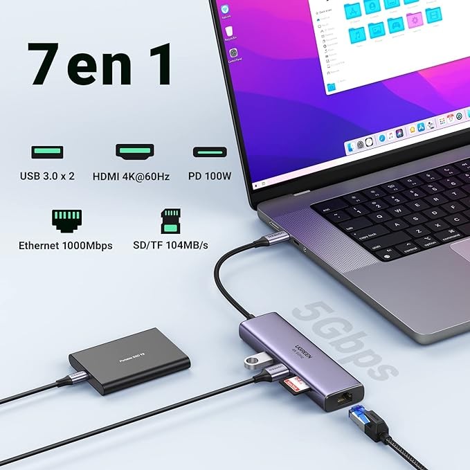 UGREEN Hub USB C, 7 en 1 Adaptador USB C a HDMI 4K 60Hz, Gigabit Ethernet, 100W PD Carga, Lector de Tarjetas SD TF, 2 USB 3.0 Compatible con MacBook Pro Air M1 M2 iPad iPhone 15 DELL Switch Steam Deck. image number null